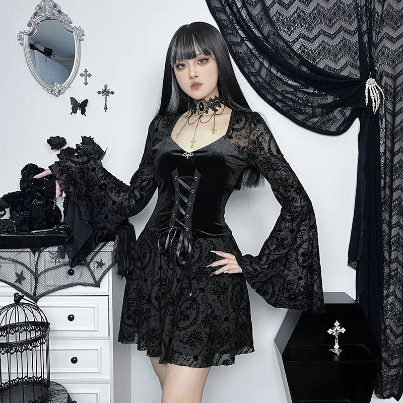 Elegant Vintage Mall Gothic Velvet Dresses Grunge Punk Style Flocked Bandage Dress Women Flare Sleeve Party Alt Outfit