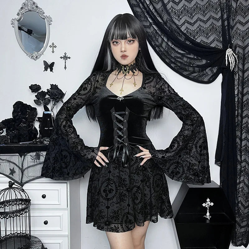 Elegant Vintage Mall Gothic Velvet Dresses Grunge Punk Style Flocked Bandage Dress Women Flare Sleeve Party Alt Outfit