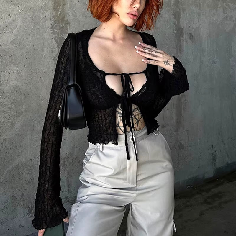 Folds Mall Gothic Lace up Sexy Blouses Grunge Y2K Fairycore Long Sleeve T-Shirts Female Transprent Skinny Fashion Tops