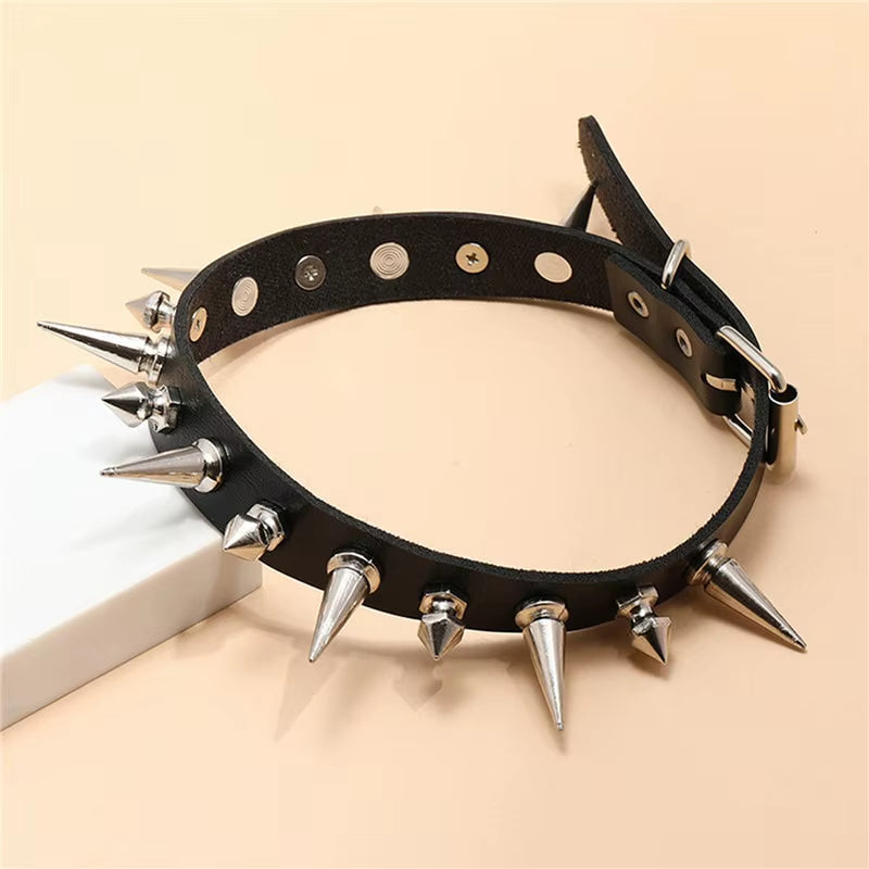 Punk Long Spike Choker Faux Leather Collar for Women Men Cool Big Rivets Studded Chocker Goth Style Necklace Accessories 2023
