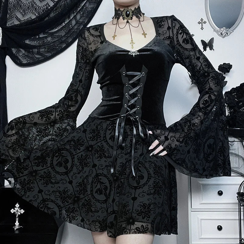 Elegant Vintage Mall Gothic Velvet Dresses Grunge Punk Style Flocked Bandage Dress Women Flare Sleeve Party Alt Outfit