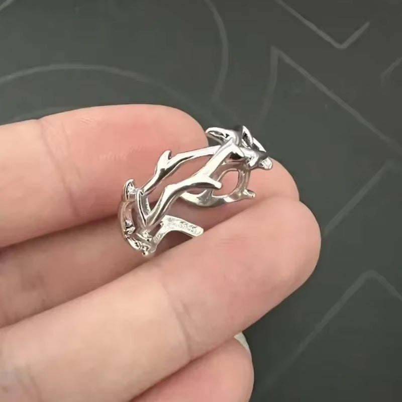 Vintage Goth Thorny Rose Couple Rings for Men Women Charm Irregularity Opening Stainless Steel Punk Finger Ring Jewelry Y2K Gift