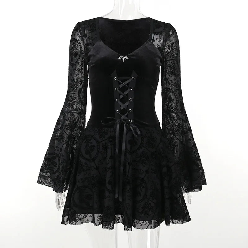 Elegant Vintage Mall Gothic Velvet Dresses Grunge Punk Style Flocked Bandage Dress Women Flare Sleeve Party Alt Outfit