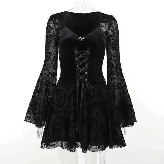 Elegant Vintage Mall Gothic Velvet Dresses Grunge Punk Style Flocked Bandage Dress Women Flare Sleeve Party Alt Outfit
