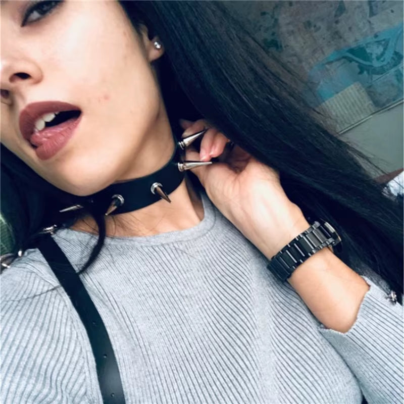 Punk Long Spike Choker Faux Leather Collar for Women Men Cool Big Rivets Studded Chocker Goth Style Necklace Accessories 2023