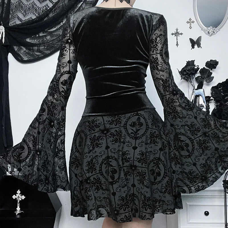 Elegant Vintage Mall Gothic Velvet Dresses Grunge Punk Style Flocked Bandage Dress Women Flare Sleeve Party Alt Outfit